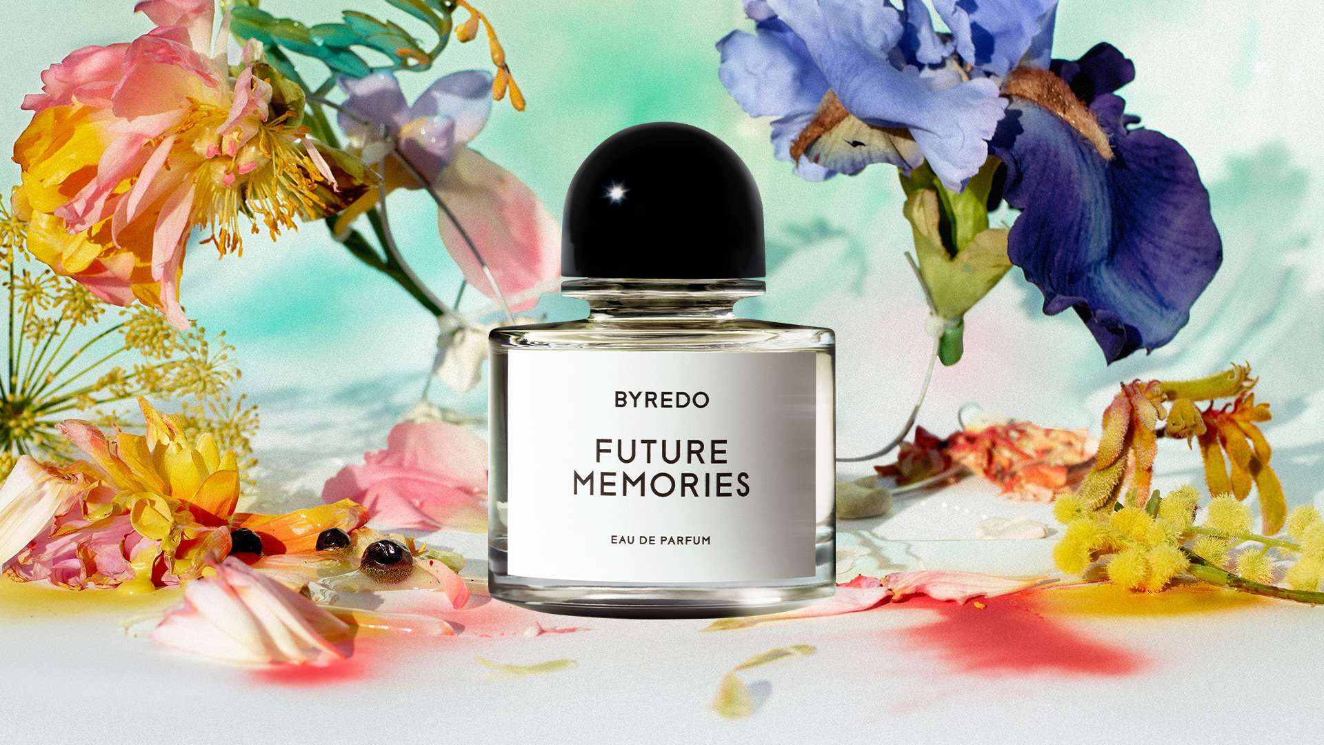 Byredo fragrance campaign with bottles and a sculptural floral arrangement