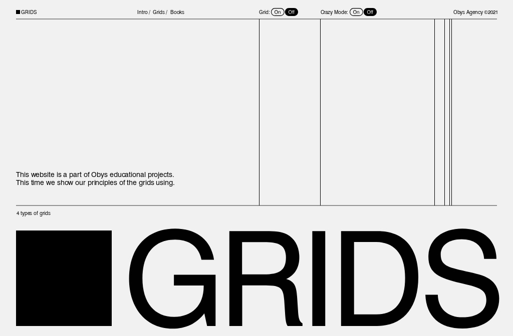 Grids by Obys website with oversized black typography and fine grid lines