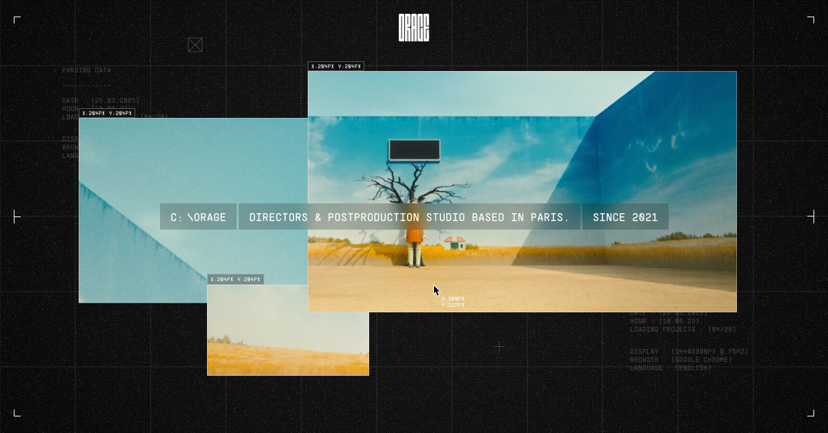 Orage Studio website showing a cinematic grid of film stills